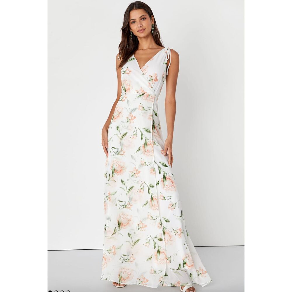 Lulus Romantic Possibilities White Floral Print Maxi Dress Summer Wedding Sz M